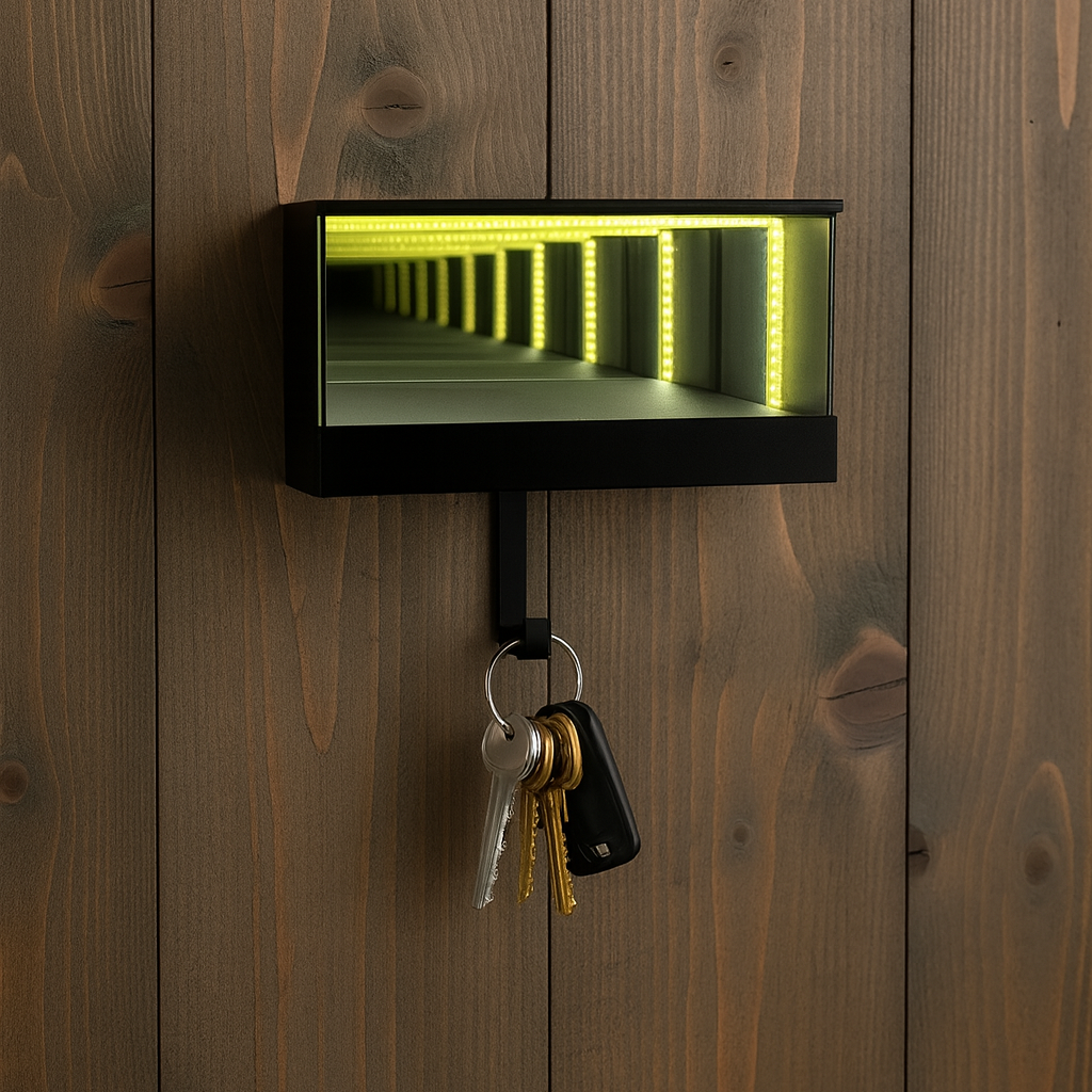 Key holder with a small LED light on a wooden wall